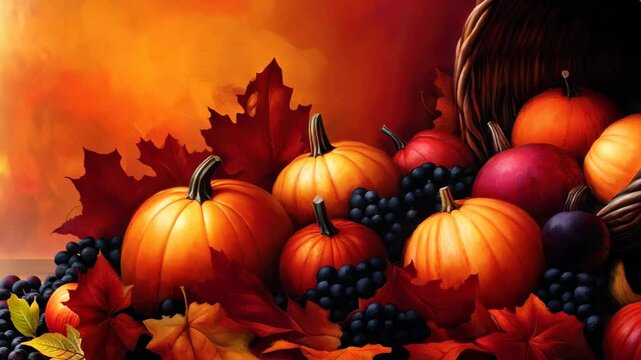 A vibrant autumn harvest scene featuring assorted pumpkins and clusters of grapes amidst colorful leaves. This idyllic arrangement captures the essence of fall and celebration.