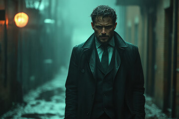 A man in a black coat and tie stands in a dark alleyway