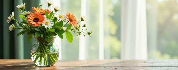 Greenery and flowers in a glass vase, elegance, beauty