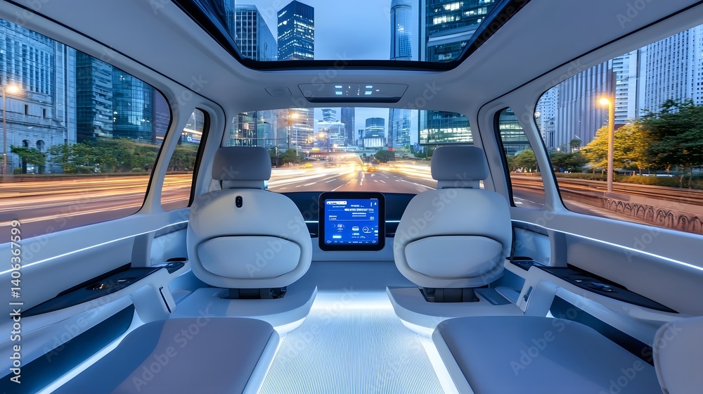 Poster a futuristic and spacious self driving taxi interior with a digital assistant screen soft led lighti