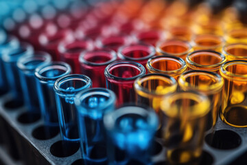 A row of colorful glass vials with blue, red, and yellow liquid inside
