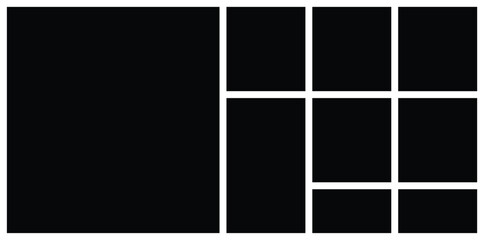 Photo collage grid wall art frame mockup template. Contemporary multi picture album background with mosaic and rectangular shapes. Artistic web layout and versatile portfolio composition.