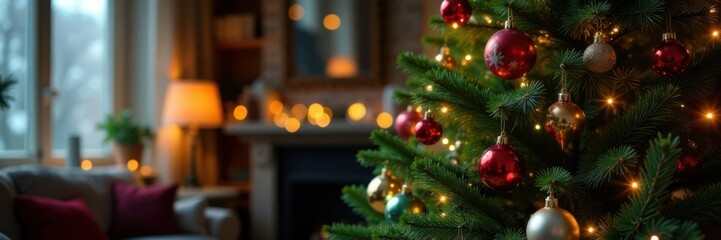 Dense evergreen tree surrounded by colorful glass ornaments and sparkling fairy lights in a cozy living room scene , Winter Wonderland, Evergreen Trees
