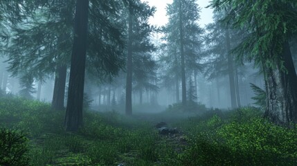 Obraz premium Misty Forest Path: A Serene Escape into Nature's Embrace