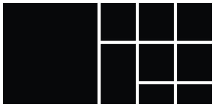 Photo collage grid wall art frame mockup template. Contemporary multi picture album background with mosaic and rectangular shapes. Artistic web layout and versatile portfolio composition.