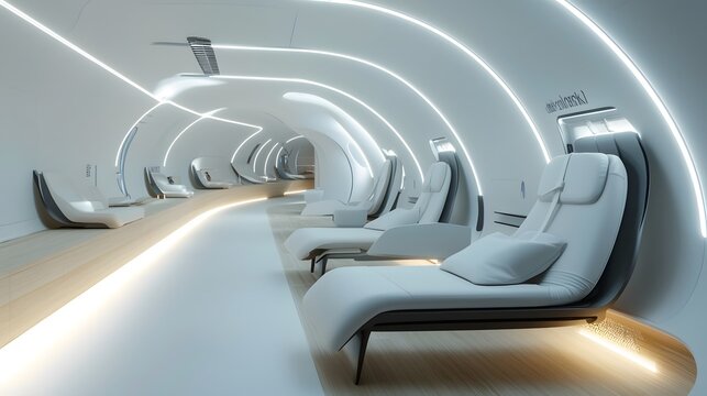 A futuristic and innovative hyperloop pod interior featuring a sleek minimalist design with curved lighting panels comfortable seating and a spacious technology driven layout