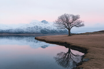 Obraz premium A tree stands in front of a body of water, with the sky in the background