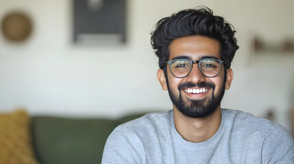 Obraz premium Portrait Of A Smiling Bearded Young Man Wearing Glasses And A Grey Shirt Indoors In A Blurred Background Home Setting With Natural Light
