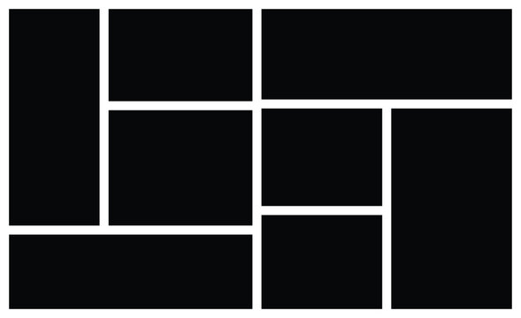 Photo collage grid wall art frame mockup template. Contemporary multi picture album background with mosaic and rectangular shapes. Artistic web layout and versatile portfolio composition.