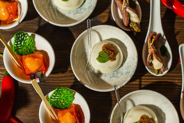 A variety of buffet snacks. Flat layout, top view. High quality photo