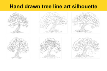 Fototapeta premium Set of hand drawn tree line art silhouette