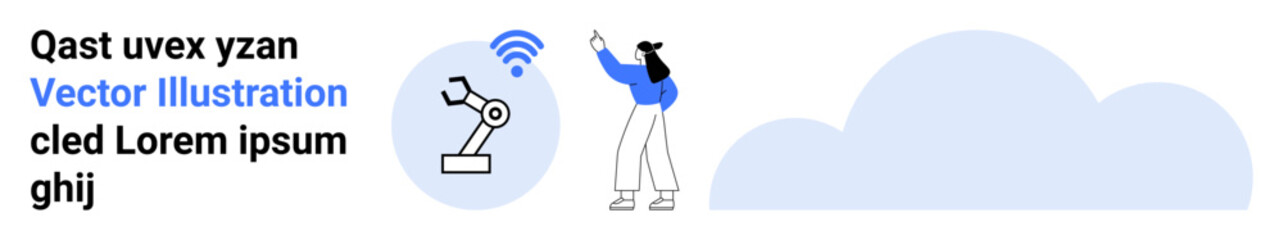 Woman operating a robotic arm using wireless technology. Ideal for automation, technology, innovation, IoT, artificial intelligence, industrial advancement, simple landing page