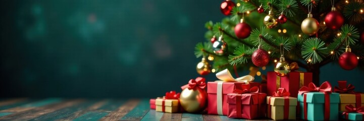 Decorated Christmas tree surrounded by festive gifts and colorful ornaments, sparkling lights, winter wonderland, ornaments