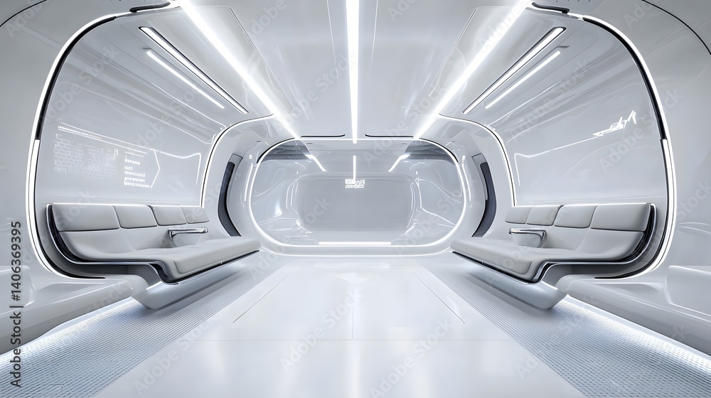 Poster A minimalistic and technologically advanced interior of a futuristic hyperloop pod featuring sleek seating arrangements and curved lighting panels for a seamless high speed transit experience