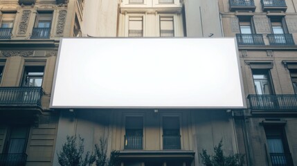 Large blank billboard mounted on urban building facade