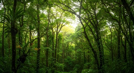 A vibrant rainforest scene reveals tall trees with abundant green foliage, creating a lush, natural environment.
