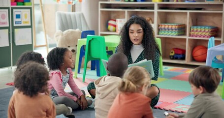 Woman, teacher and storytelling with book in nursery for story time, education or learning. Female person, educator or instructor with elementary children or novel for listening activity in classroom