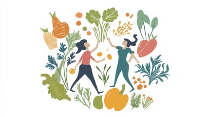 Women Sharing Fresh Produce in a Colorful Illustrated Market Scene with Vegetables and Herbs