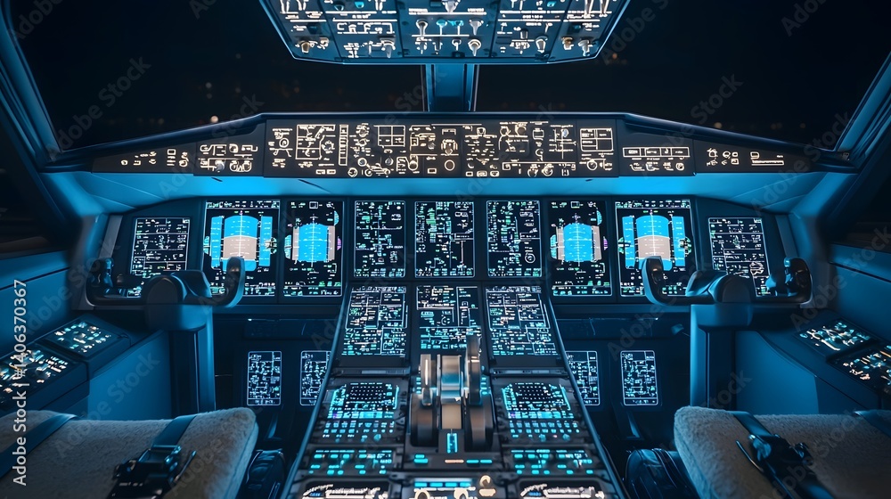 Fototapete a sleek and technologically advanced airplane cockpit with a digital dashboard illuminated by vibran