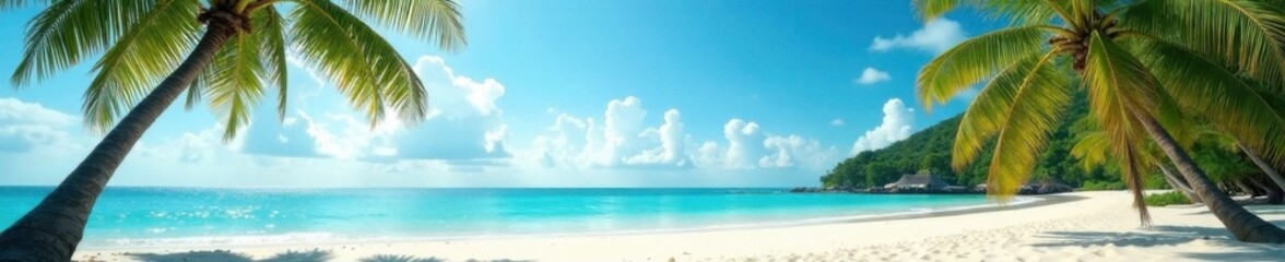 Fototapeta premium Palm trees swaying in gentle ocean breeze amidst vast sandy beach, sandy beach, driftwood, film grain