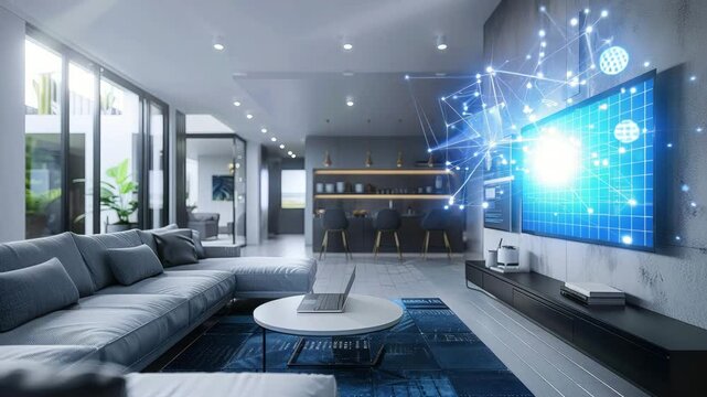 Modern Living Room with Smart Technology Interface Slow Zoom