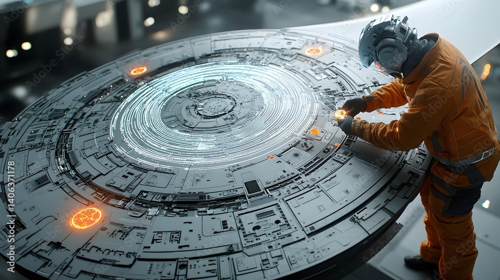 Aufkleber A technician in protective gear carefully adjusting the fiber optic sensors on a highly advanced wind turbine control panel with glowing indicators and a futuristic technology driven interface