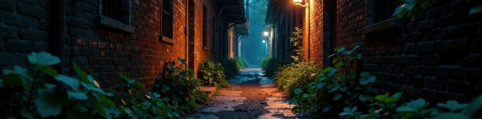 Fototapeta premium Mysterious, dimly lit alleyway with worn brick walls and overgrown vegetation, grunge background texture, rough stone