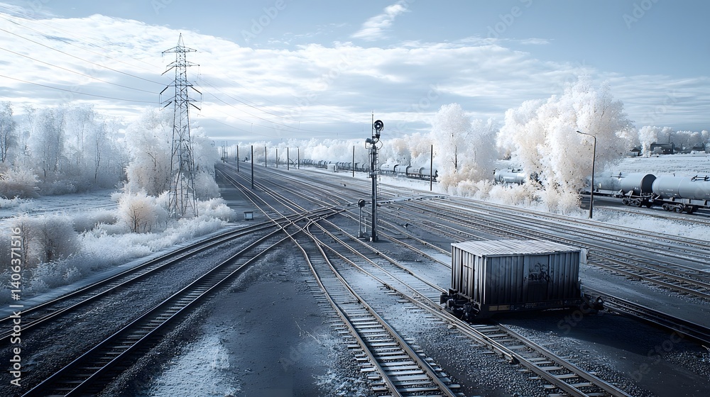 Poster A vast winter landscape with a railway yard filled with train tracks freight containers and power lines covered in snow and frost