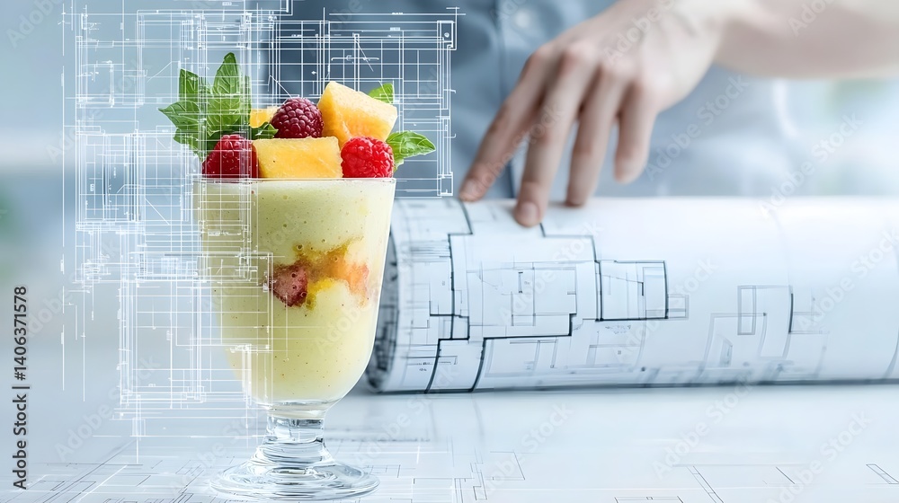 Aufkleber a vibrant fruit smoothie in a glass set against a rolled up architectural blueprint symbolizing the 