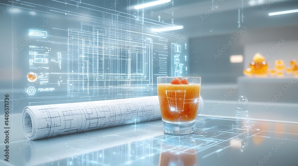 Poster A visually striking image showcasing the juxtaposition of a refreshing fruit smoothie and the technical blueprints of a modern architectural design