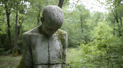 Obraz premium A weathered moss covered stone sculpture set amidst the lush verdant foliage of a tranquil forest