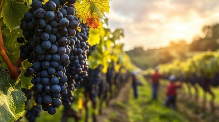 Bunches of dark grapes ripen under a golden sun in a lush green vineyard