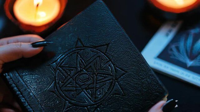 Hands hold an ancient occult book with a mysterious symbol against a dark background. Candles flicker softly, enhancing the mystical atmosphere.