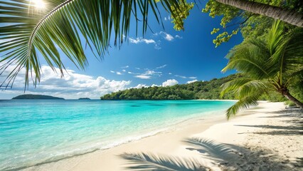 Obraz premium Tropical Beach Paradise with Palm Trees and Turquoise Water