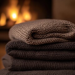 Knitted blankets by the fireplace