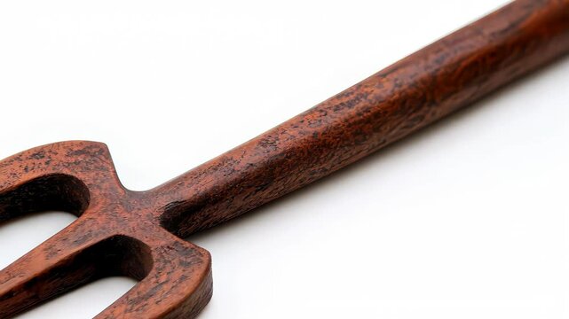 Close-up of a wooden garden trident or fork featuring three sharp prongs, ideal for various gardening tasks and outdoor activities.