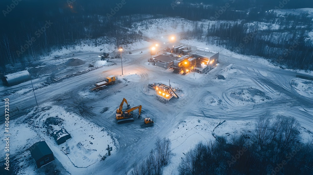 Poster aerial drone shot capturing the bustling activity of an industrial complex in a remote snow covered 