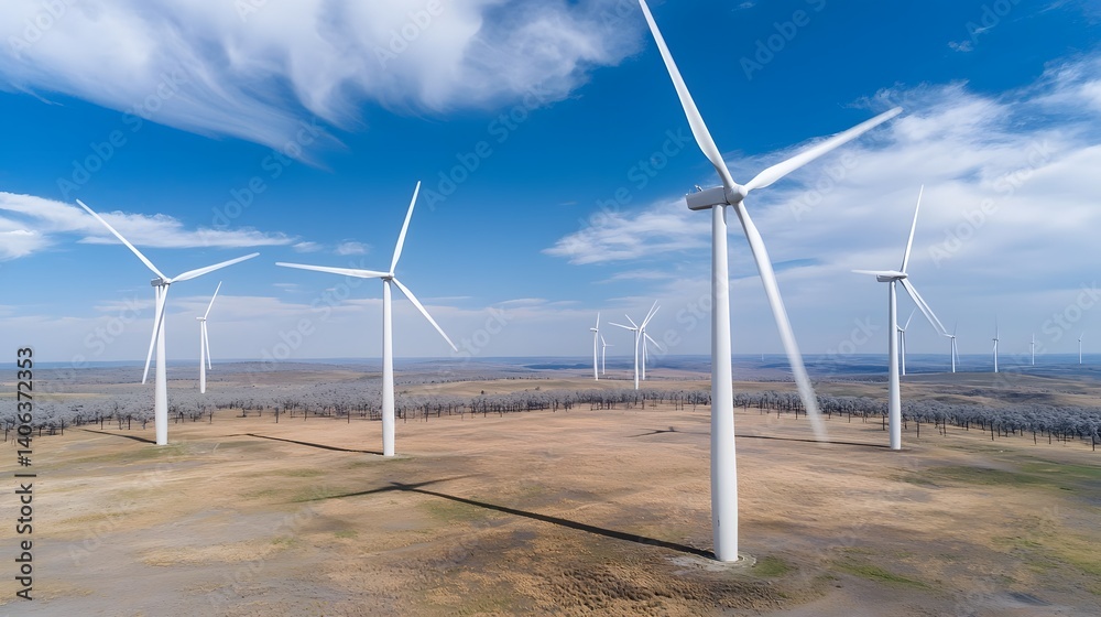 Poster aerial drone shot of a wind farm with numerous wind turbines generating renewable energy in a rural 