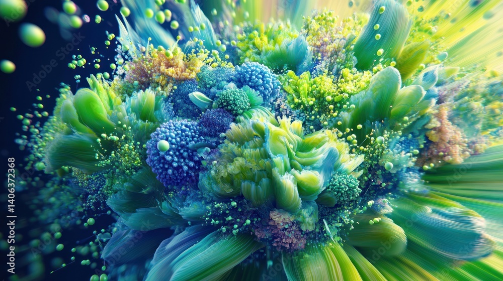 Poster vibrant abstract explosion of colorful, organic forms. a dynamic mix of flowing shapes and elements