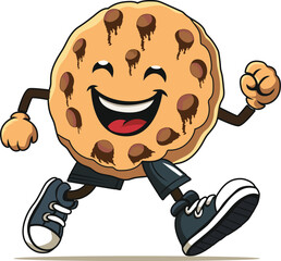 A vibrant and playful vector illustration of a cartoon chocolate chip cookie character.