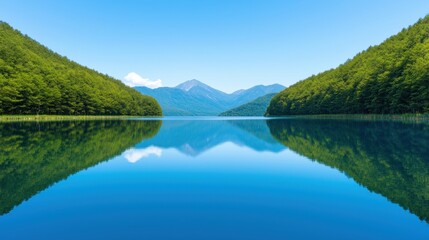 Obraz premium A serene landscape featuring a clear blue lake surrounded by lush green mountains under a bright blue sky.