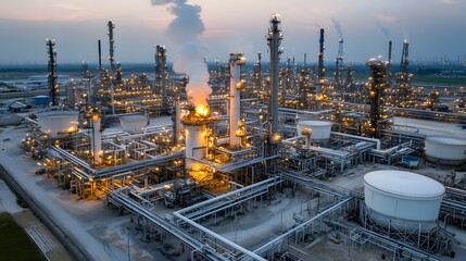 Fototapeta premium Aerial shot of a large industrial oil refinery complex with numerous storage tanks pipelines and smokestacks glowing with heat emissions at dusk