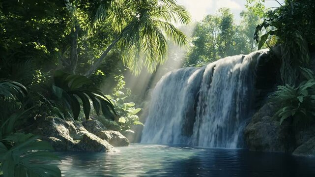 Serene waterfall cascade flowing into a tranquil pool surrounded by lush tropical foliage