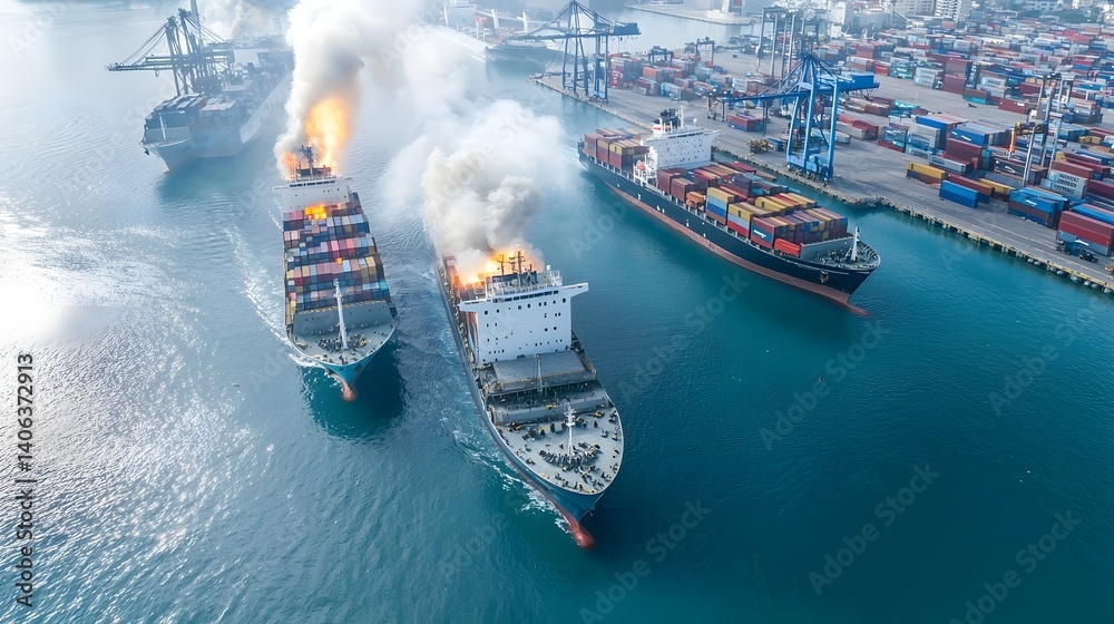 Poster aerial thermal view of a busy harbor filled with cargo ships container vessels and bustling logistic