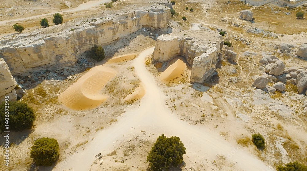 Poster an aerial view of a vast arid desert landscape featuring towering sand dunes and weathered rocky for