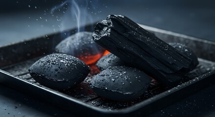 Lighting Charcoal Briquettes with Smoke Ready for Outdoor Cooking