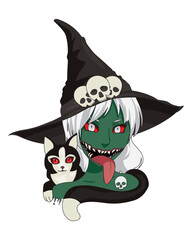 Creepy Green Witch With Hat And Black Cat Halloween Vector