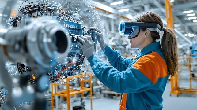An engineer wearing augmented reality glasses inspects and repairs the electrical components of a wind turbine in an industrial workspace