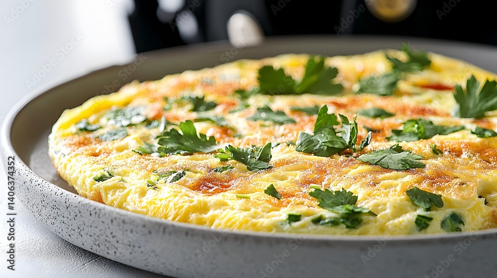 Aufkleber appetizing close up of a fluffy omelet made with fresh herbs like parsley and chives served on a pla