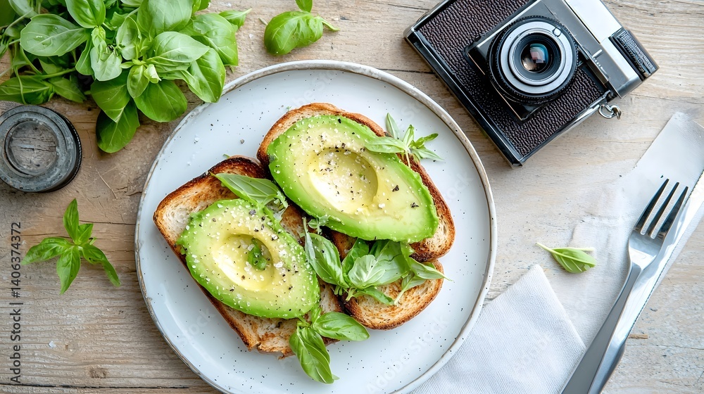Poster artfully arranged avocado toast featuring fresh basil leaves served on a wooden table with a retro i